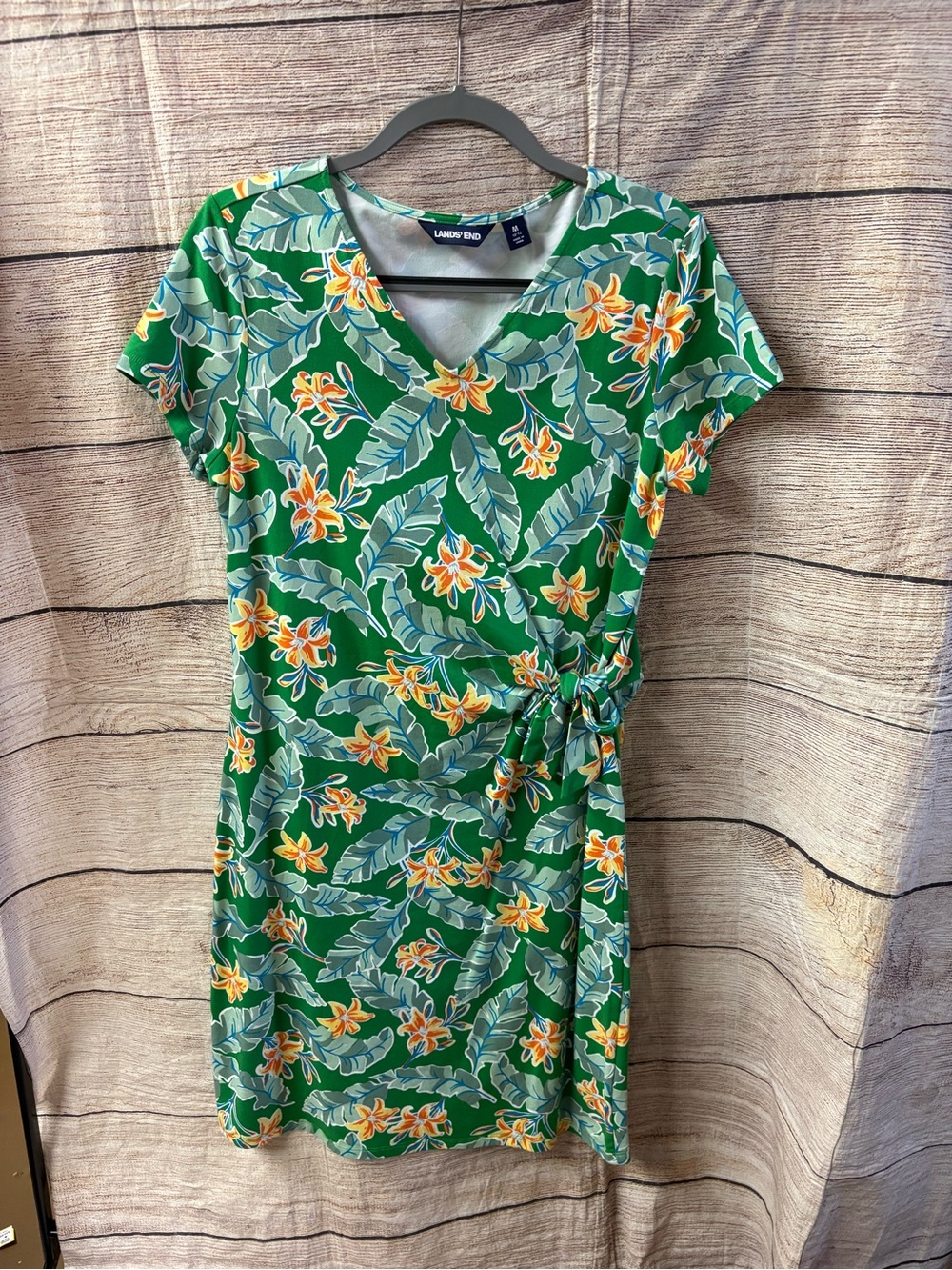 😍 Lands' End Green Tropical Wrap Dress with Floral Print